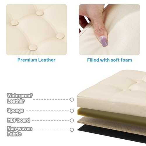 Bsketa Storage Ottoman Bench,17 Inch Folding Leather Foot Rest Stool, Beige