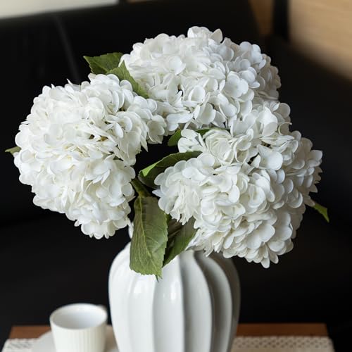 DUYONE 22" Real Soft Touch Hydrangea Artificial Flowers Realistic,Large Long Stem Fake Flowers Full Latex Faux,Wedding Bouquet,Party Home Decor,Garden Office Room Table Centerpieces White 3Pcs