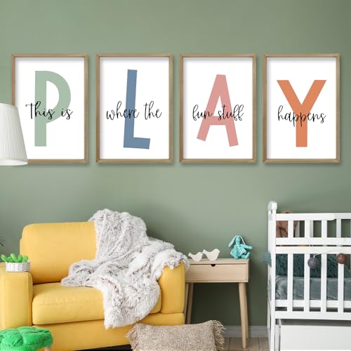 This Is Where The Fun Stuff Happens Kids Playroom Wall Art 11x16 Inch Set Of 4 Rustic Kids Wood Framed Boy Sign Toddler Modren Nursery Interesting Let's Play Prints Wall Hang Decor (Wood)