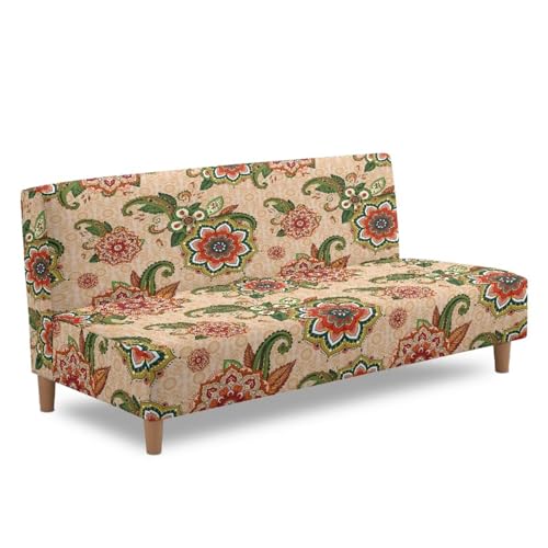 GLENLCWE Vintage Paisley Floral Armless Futon Cover Stretch Elastic Bottom Non-Armrest Couch Slipcover Anti Slip Durable Furniture Protector Retro Mixed Paisley Floral for Living Room Space