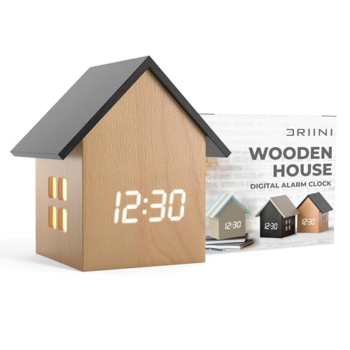 Driini Digital House-Shaped Alarm Clock with Temperature Display (Light Wood) – Modern Aesthetic - Cute Cube Frame and White LED Dimmer - Perfect Large Desk Clock for Bedside Table or Bedroom Mantle