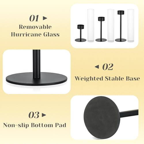 Hewory Black Taper Candle Holders: Candlestick Holders Set of 3 Hurricane Glass Tall Candle Holder for Candlesticks Candle Sticks Holder Decor for Table Centerpiece Wedding Party Christmas Decorations
