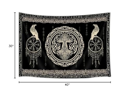 Hajmsug Vikings Tapestry,Black and White Tree Bird of Wisdom Celtic Rune Ancient Rune Totem Norse Mythology Medieval Viking Wall Art,Aesthetic Mythology Tapestry for Bedroom Living Room,40X30 Inch.