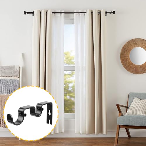 Double Curtain Rod Bracket,2 Pack Metal Curtain Rod Hooks for Wall,Sturdy Curtain Rod Brackets with Screws,Black Wall Mounted Curtain Rod Holders for Bedroom Living Room Office