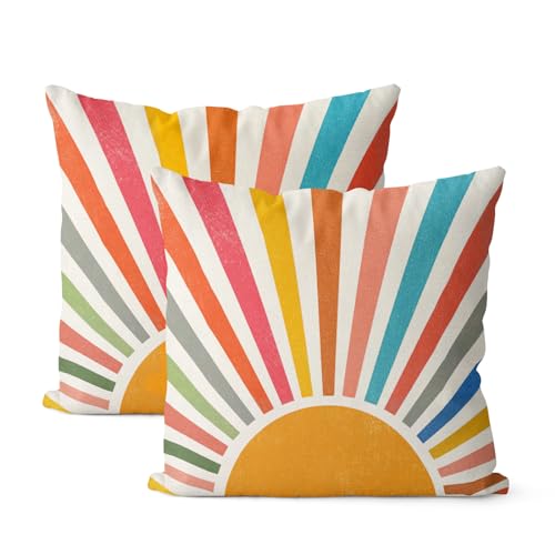 Summer Pillow Covers 18x18 Set of 2 Colorful Stripes Yellow Sunshine Decorations Outdoor Throw Pillows Boho Rainbow Sun Pillowcase Linen Decor Modern Farmhouse Cushion Case for Home Bedroom