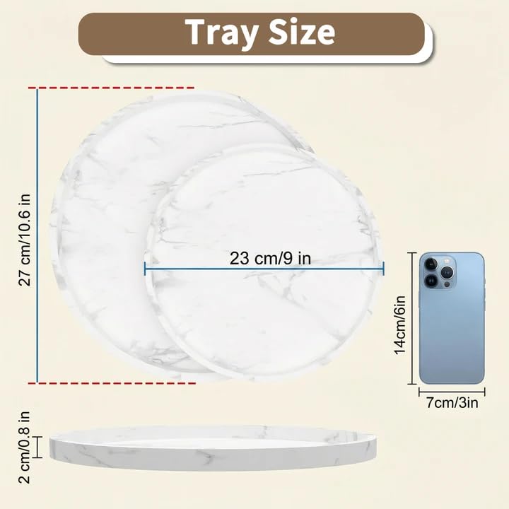 Round Tray Silicone, 10.6 Inch Bathroom Tray Countertop Decor, Vanity Trays for Bathroom Organizers, Waterproof Bathroom Tray for Counter, Decorative Coffee Table Tray-Marble White