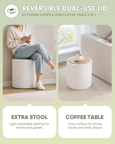 B FSOBEIIALEO Folding Storage Ottoman, Round Sherpa Ottomans, Cream White