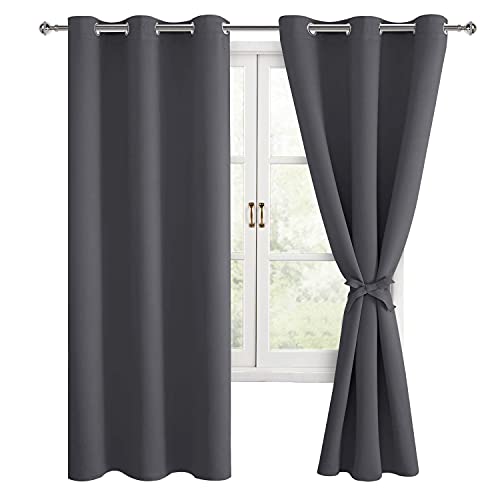 Hiasan Grommet Blackout Curtains for Bedroom, 42 x 63 Inches Length - Thermal Insulated & Light Blocking Window Curtains for Living Room, 2 Drape Panels Sewn with Tiebacks, Dark Grey
