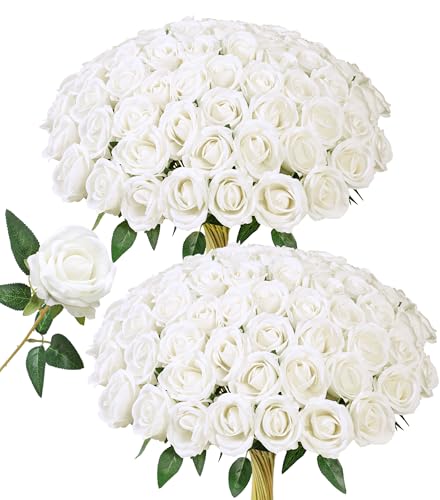 HyeFlora 50 PCS White Roses Artificial Flowers, Fake Roses with Stems Realistic Silk Roses for DIY Wedding Bouquets Tables Centerpieces Arrangements Party Baby Shower Birthday Home Decor Gift for Her