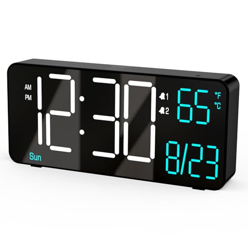 KOSUMOSU Alarm Clocks for Living Room, 6.7in Small Digital Clock for Bedroom, Auto Dimming,Date,Day of Week,Seconds or Indoor Temperature,Digital Alarm Clocks for Bedrooms,LED Desk Clock