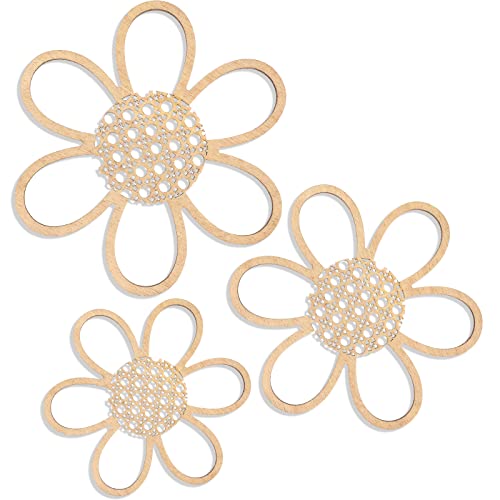Maitys Boho Wall Decor Set of 3, Wood & Rattan Daisy Flower Wall Hanging Art, Boho Nursery Decor for Bedroom Living Room, Back to School Gifts Farmhouse Room Gift for Women Girls(Classic Color)