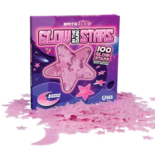 100PK Pink Glow in The Dark Stars for Ceiling Easter Basket Stuffers for Kids - Star Brite Plastic Glow Stars with Moon & Putty Ages 4,5,6,7,8,9,10,11,12 for Bedroom Space Night Light Room Non-Toxic