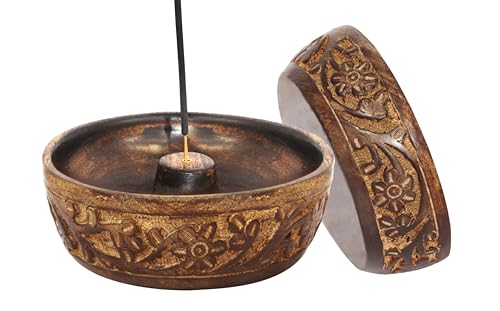 COTTON CRAFT - Wooden Incense Holder - 2 Pack Hand Carved Floral Incense Burner - Ash Catcher Bowl - Incense Sticks Aroma Room Freshener Zen Home Décor Gift - Yoga Meditation - 5 x 5 x 1.5 - Natural