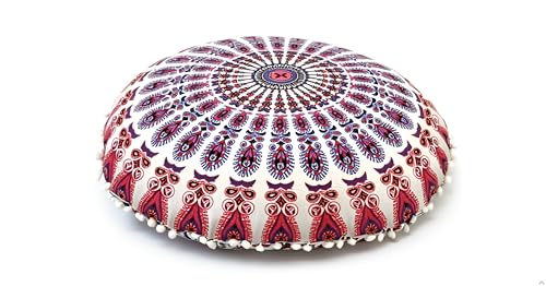 CRAFT KALA 32" Large Round Bohemian Floor Pillow Cover Boho Pouf Cover Mandala Meditation Room Pillows Cover Adults Seating Poufs Cushion Cover for Kids Reading Playroom New Pink Mirchi