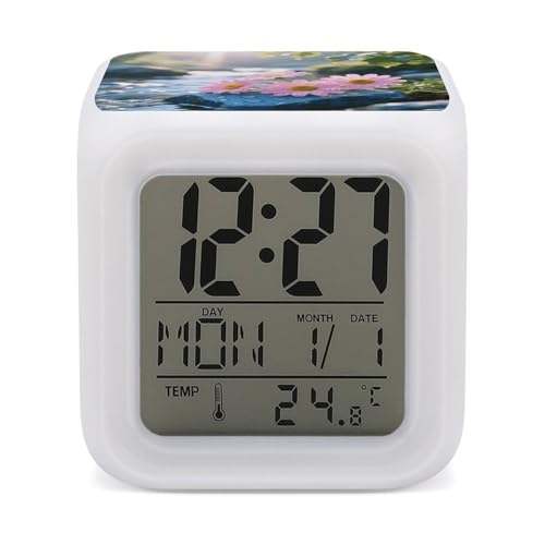 Pink Daisy Clock 7 Color Changing Time Alarm, Cute Practical Bedside Alarm Perfect for Adults Heavy Sleepers, Bedside Desk Clock for Bedroom Dorm Home Decor