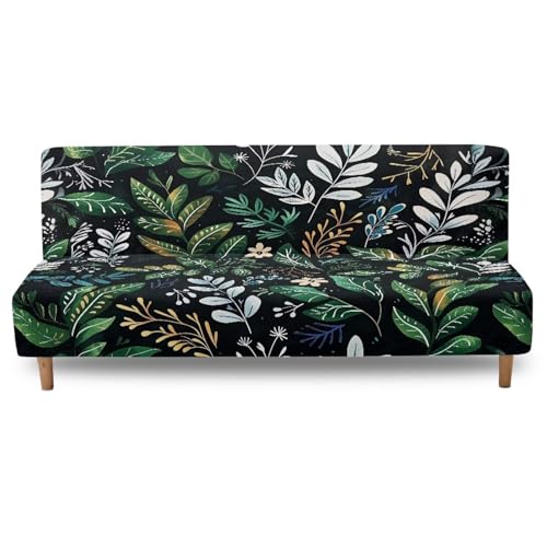 Green Leaf Pattern Armless Sofa Cover, Anti-Slip Non-Armrest Couch Cover Comfortable Futon Sofa Slipcover for 3 Cushion Couch