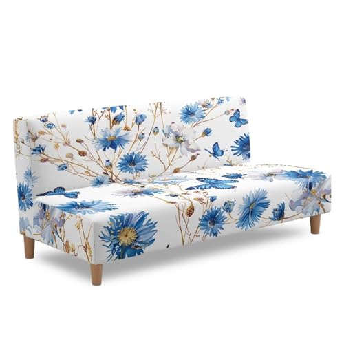 Stretch Futon Cover Without Arms Couch Sofa Bed Slipcover with Elastic Bottom Futon Couch Cover Non-Slip Furniture Protector for Living Room Decoration, Blue Floral Butterfly