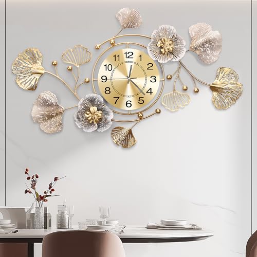 Clocks for Living Room, Large Wall Clock, 3D Silent Wall Clock, Retro Metal Ginkgo Leaf Design, for Bedroom Kitchen Decorative Wall Clocks(32''x18'' )
