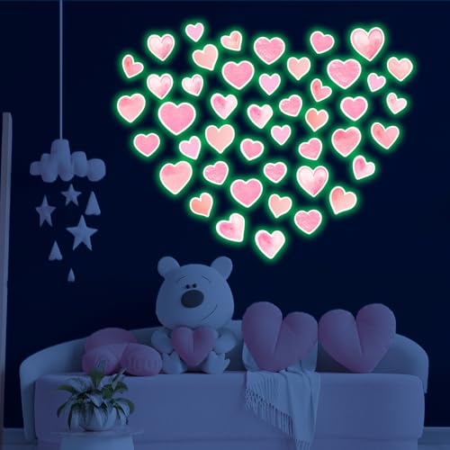 42 pcs Pink Heart Shape Wall Stickers for Girls Bedroom,Glow in The Dark Kids Room Decor, Baby Nursery Ceiling Decals Wallpaper Vinyl Murals