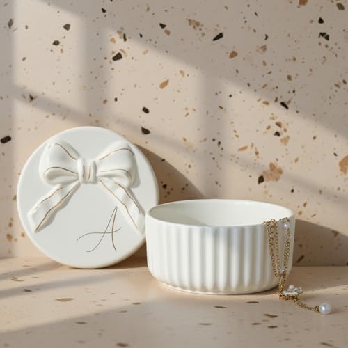 COLLECTIVE HOME Monogram Ceramic Jewelry Box with Bow - Small Jewelry Dish, Elegant Birthday, Graduation, Chri