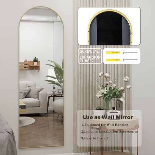 Arched Full Length Door Mirror 14x48, Metal Frame with Protective Film, No-Drilling Hanging or Wall Mount, Hooks & Hardware Included, Full Body Mirror for Bedroom, Dorm, Gold