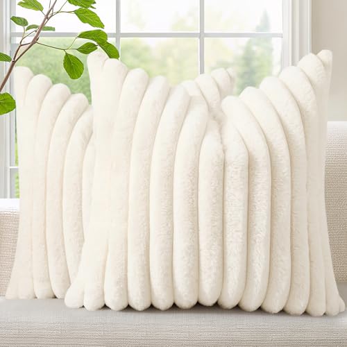 decorUhome Fall Cozy Faux Fur Throw Pillow Covers 18x18 Set of 2 Decorative Soft Plush Striped Modern Farmhouse Boho Couch Pillow Cases with Velvet Back for Sofa Bed Living Room, Cream White