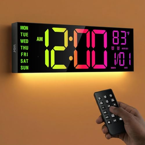 JALL 16" Large Digital Wall Mount Clock, Count Down Timer, Alarm, Big LED, RGB Color, DST, Temperature for Living Room Classroom Desk, Xmas, Birthday Gift for Senior Mom Dad (Black, 16 inches)