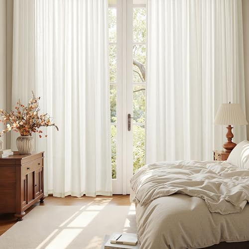 Nanspring Natural Linen Curtains 96 Inches Long for Living Room 2 Panel Set Light Filtering Semi Sheer Drapes Farmhouse with Back Tab Modern Rustic Window Long Curtain for Bedroom Cream W50 x L96