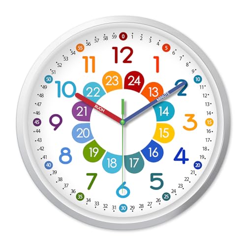 XFM Silent Kids Wall Clock 8 Inch Non Ticking Battery Operated Kids Teaching Clock Colorful Analog Learning Clock Decorative for Kids Room Classroom School