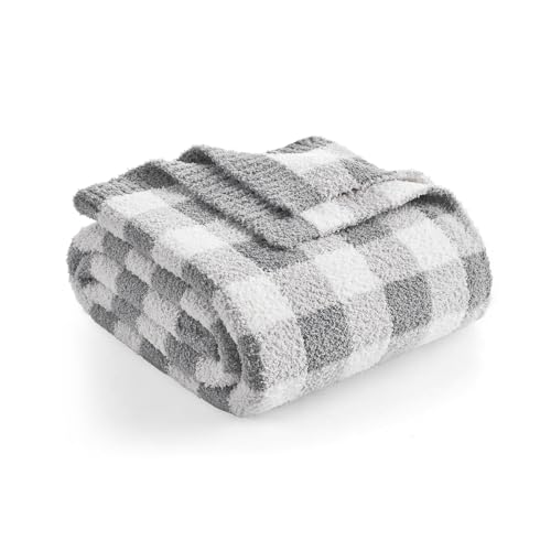 Snuggle Sac Checkered Throw Blanket for Couch, Super Soft, Cozy Warm Knit Decorative Blankets, Reversible Plaid Fluffy Throws for Sofa, Bed, Plaid Grey, 50x60 Inches