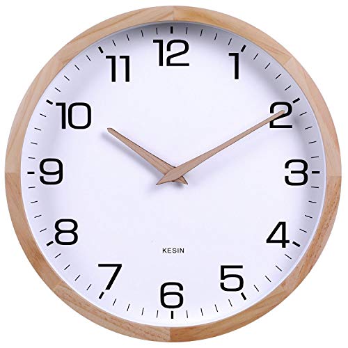 Kesin 12 Inches Wooden Round Silent Wall Clock White Wood Wall Clocks Analog Digital Battery Operated Non Ticking for Living Room Kitchen Bedroom Office Vintage Home Decor