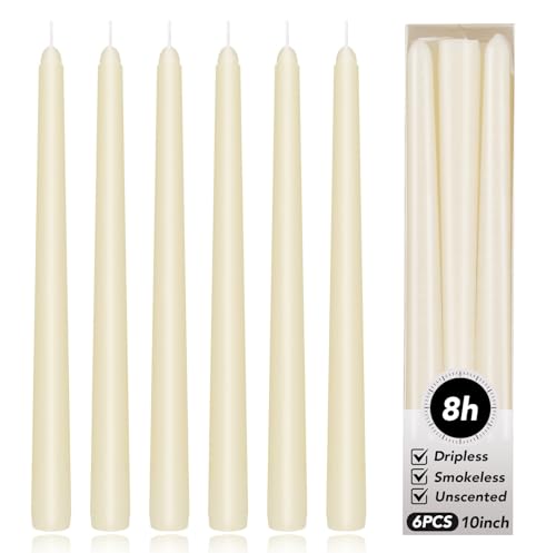 KORCCI Ivory Taper Candles 10 Inch - Set of 6 Long Candles, 8 Hours Long Burning, Smokeless & Unscented & Dripless, for Christmas Holiday Décor, Weddings, Birthdays, Dinner, Rituals (Ivory)