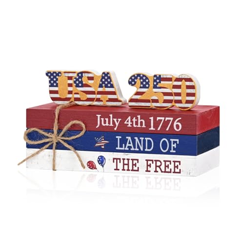 Smile 4th of July 250th Anniversary Wooden Block Stack with USA Decor, 5-Piece "Land of the Free" Patriotic