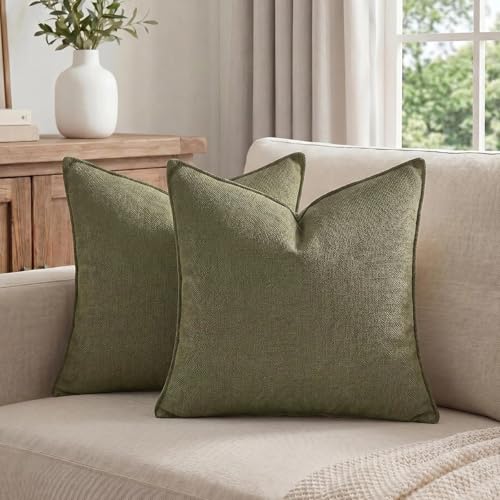 Fancy Homi Set of 2 Olive Green 22x22 Inch Soft Chenille Decorative Throw Pillow Covers with Flange Edge,Square Neutral Modern Boho Textured Cushion Case Home Decor for Couch Sofa Bed Livingroom