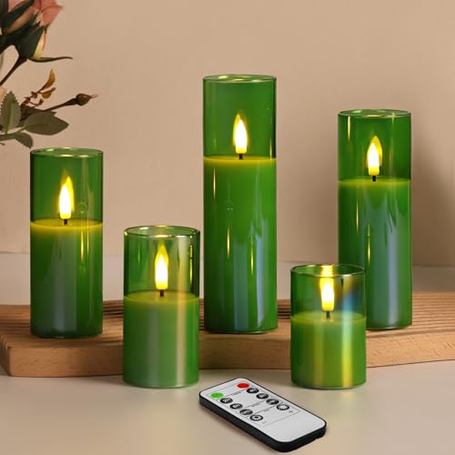 Green Glass LED Pillar Candles with Remote Batteries Set of 5