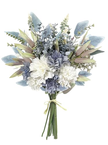 Artificial Flowers Bouquet, Silk Flowers Blue Fake Flowers Arrangement Faux Flowers for Home Decor, Vase Arrangement, Wedding Bouquets, Table Centerpieces Decor (Blue White No Vase)