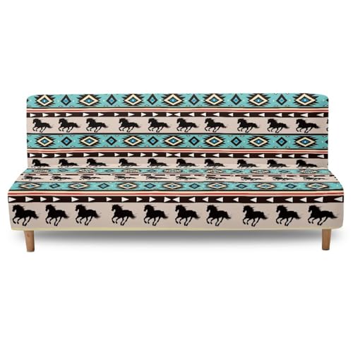 Aztec Tribal Horse Futon Covers, Armless Sofa Covers, Stretch Sofa Bed Cover, Washable Futon Slipcover Furniture Protector for Kids, Pets, Dog and Cat