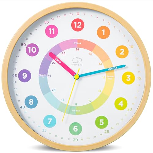 LittleHippo Learning Wall Clock for Kids for Classroom, Bedrooms, Nursery, Playroom - Kid's Analog, Silent, Non-Ticking Clock for Teaching to Tell Time, Study to Learn to Tell Time
