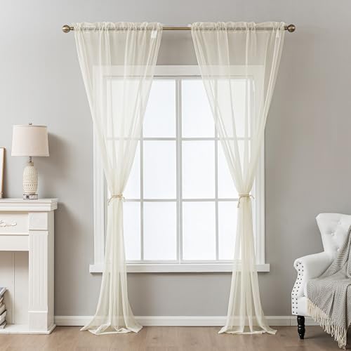 Natural Sheer Curtains 96 Inches Long, Privacy Semi Sheer Curtains for Living Room Bedroom, Light Filtering Rod Pocket Voile Window Drapes 2 Panels Set, Each 42" W x 96" L