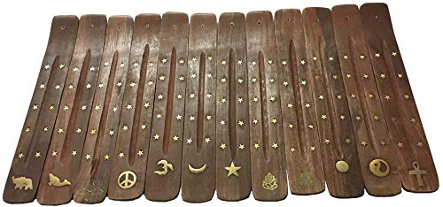 Vrinda® Handmade Wooden Incense Stick Holder with Assorted Inlaid Design –Incense Stick Burner - Ideal for Aromatherapy, Meditation - Ornamental piece for Home, Office Decor 10"(Pack of 12)