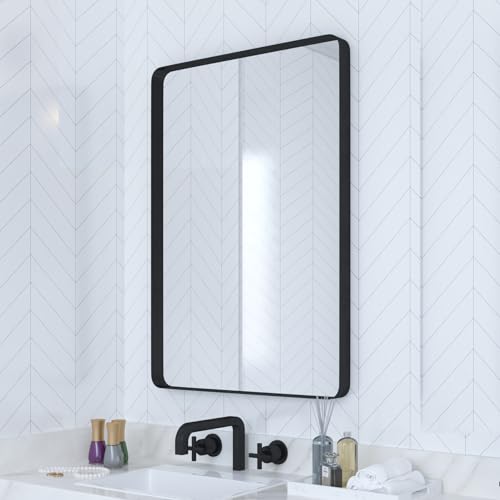 VocalStar Black Bathroom Mirror for Wall, 18 x 26 Inch Rounded Rectangle Metal Framed Bathroom Wall Vanity Mirror Farmhouse, 1/4-inch Shatterproof Glass | Ultra-Flush Hanging