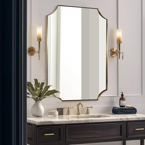 ANDY STAR 30x40 Inch Brushed Gold Mirror, Gold Scalloped Bathroom Mirror, Unique Rectangle Mirror in Never-Rust Stainless Steel Metal Frame, Wall Mount Vertical or Horizontal