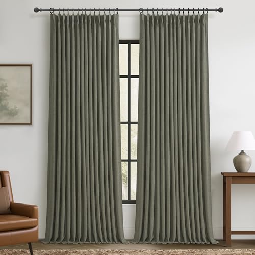 Pinch Pleated Drapes Greenish Grey Room Darkening Curtains 96 Inches Long for Living Room, Rustic Cottage Core 100% Blackout Faux Linen Double Layer Pleat Curtain 2 Panels Set Deep Depths Green Decor