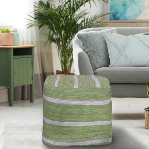 L.R. Resources, Inc Adrian Green and White Striped Casual Handmade Cotton Indoor Cube Pouf Ottoman