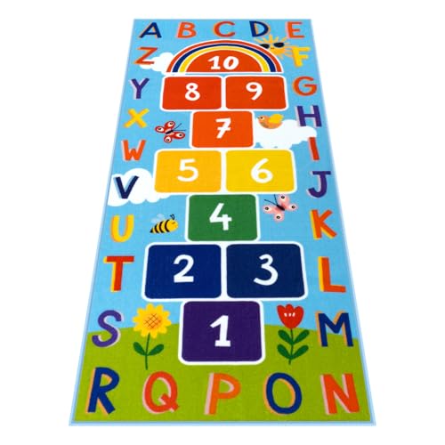 STARUIA Washable Hopscotch Kids Rug for Playroom, Colorful Educational Classroom Rugs with ABC Number, Non Slip Kids Play Mat Rug Game Carpet for Bedroom Nursery Daycare Boy Girl (Blue, 31.5''x72'')