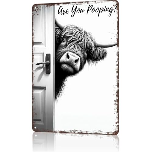 8x12 Inch Vintage Highland Cow Metal Sign, Funny Bathroom Wall Art with "Are You Pooping?" Quote, Unique Western Farmhouse Decor for Cow Lovers