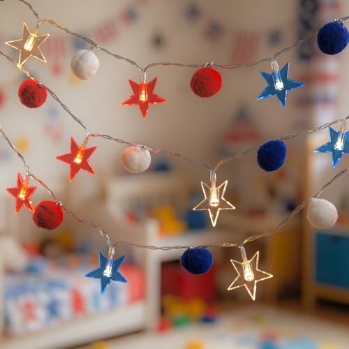 4th of July Decorations 9.5FT Red White Blue Pompom String Lights Battery Operated 8 Lighting Modes & Timer 20 LED Patriotic Fairy Lights for Independence Day, Memorial Day, Presidents Day, Bedroom