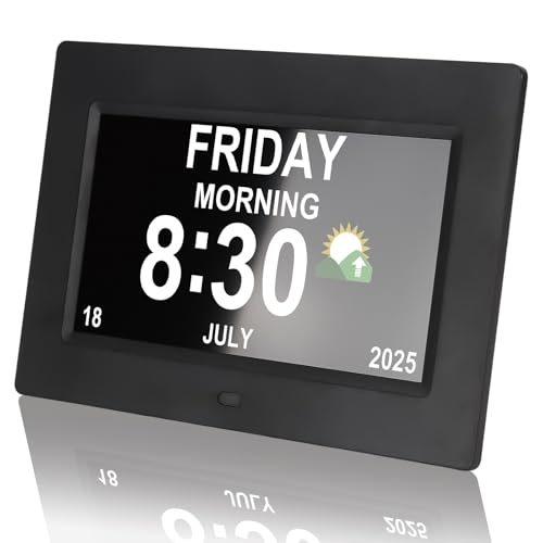 Digital Dementia Clocks for Seniors, 7 Inch, Black | Day Date Time Large Display for Poor Vision Easy Read, Medication Reminder Alarm, Spanish 10 Languages, Alzheimer Gifts