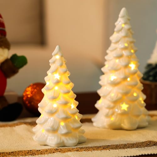HOMCDALY 2 PCS White Small Christmas Tree with Lights, Mini Christmas Tree for Christmas Décor, Tabletop Xmas Tree Figurines, Christmas Decorations(Ceramic)