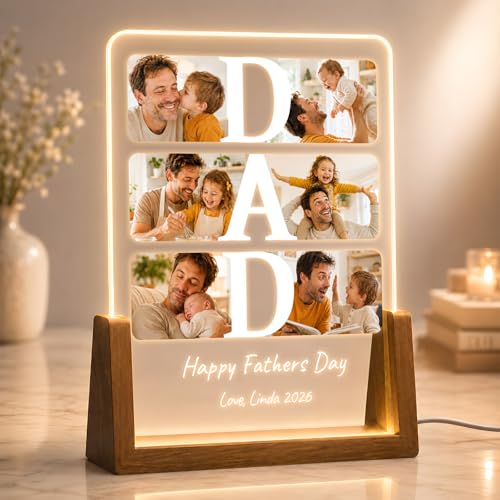 Personalized Fathers Day Gift for Dad, Custom Acrylic Picture Frame Night Light with Walnut Base, Unique Dad G